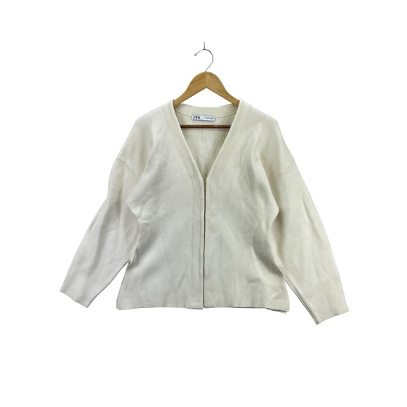 Zara Women's L Cream Knit Cardigan Open Front Long Sleeve Minimalist Sweater - Picture 1 of 12